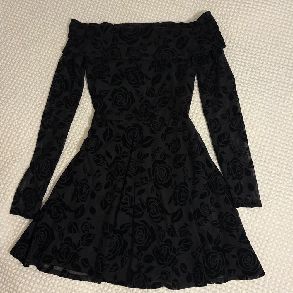 wild fable Black Off-Shoulder Rose sheer Long Sleeve Dress